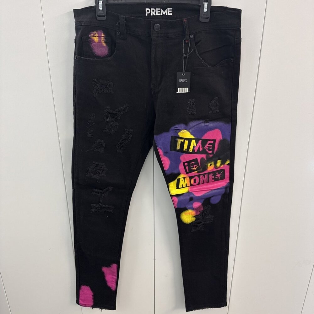 PREME Jeans Mens Sz 36x33 Black Skinny Distressed Artwork‎ "Time Is Money" NWT